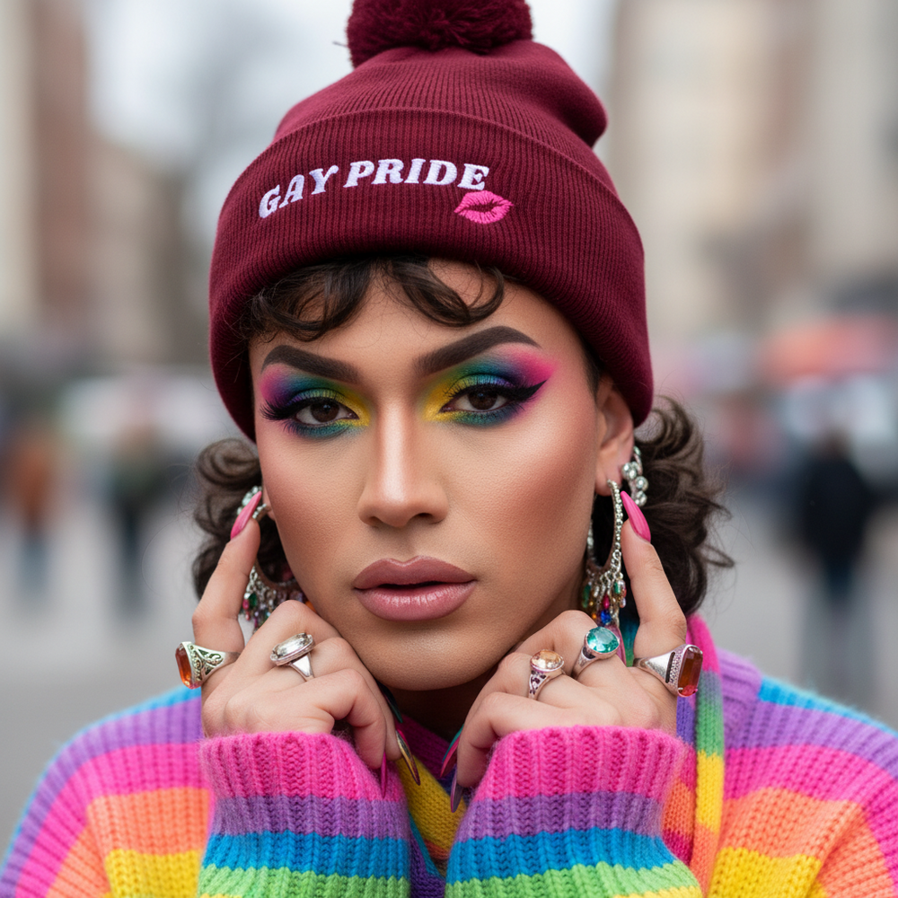 Gay Pride Pom Pom Beanie and rainbow-striped sweater on a person with bold, colorful eyeshadow, statement rings
