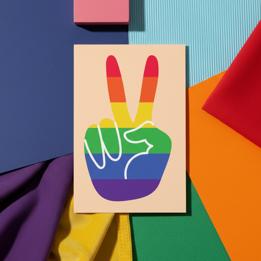 Gay Pride postcard showing a peace-sign hand with rainbow stripes, on bold purple, yellow, orange, blue, green