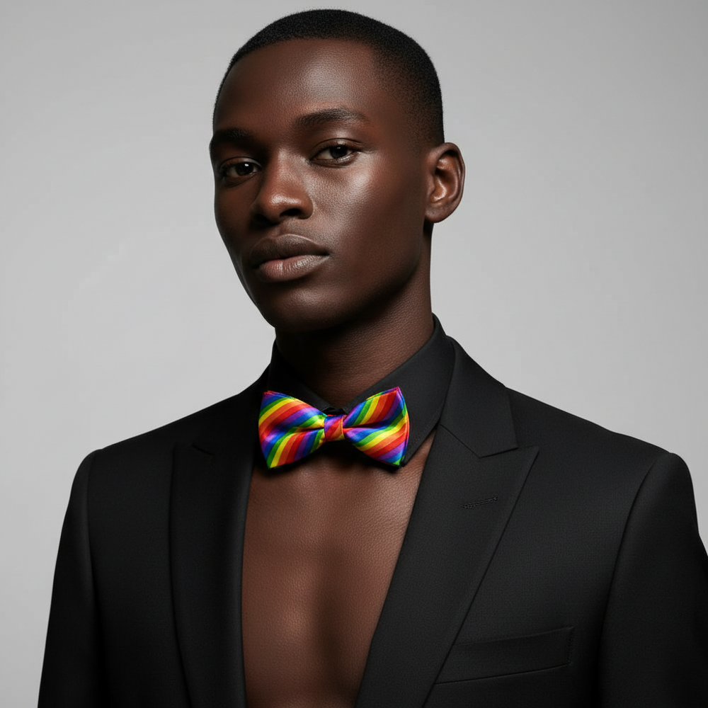 Model wearing a bright rainbow-striped bow tie with a black suit jacket