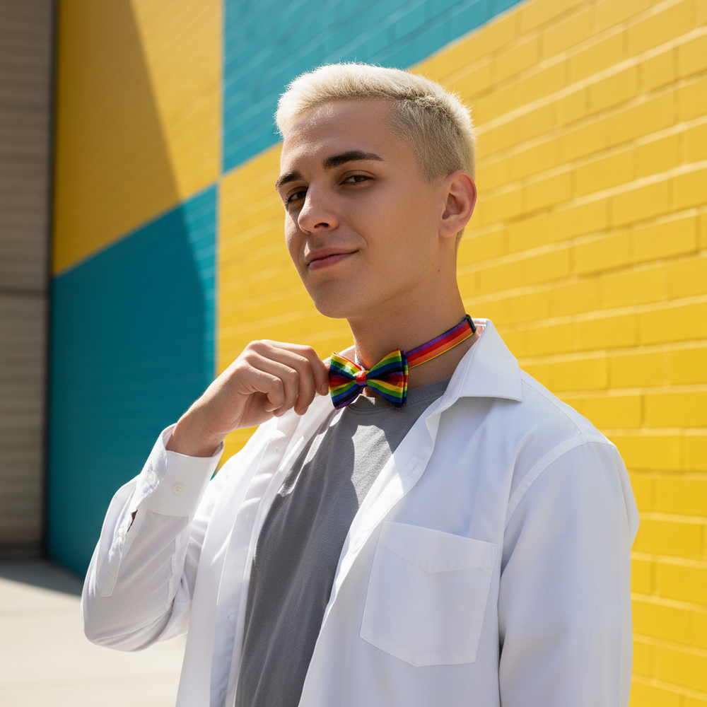 Model wearing a rainbow-striped bow tie over a white shirt, adjusting it with one hand