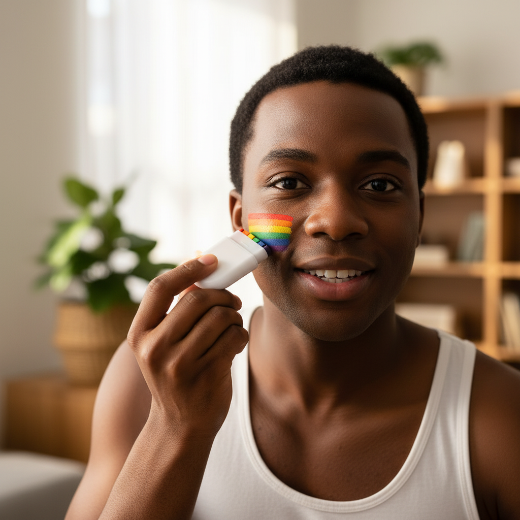 Person applying rainbow stripes to their cheek with a small fan brush