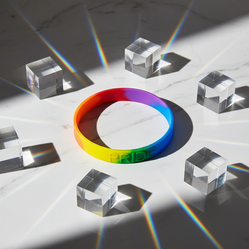 Rainbow silicone wristband embossed with “PRIDE,” arranged among clear prisms