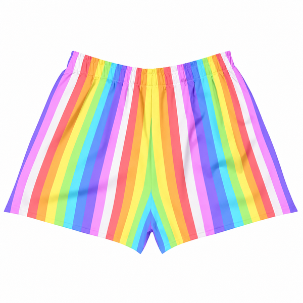 Gay Pride shorts with rainbow vertical stripes, elastic waistband, and split-leg hem on white