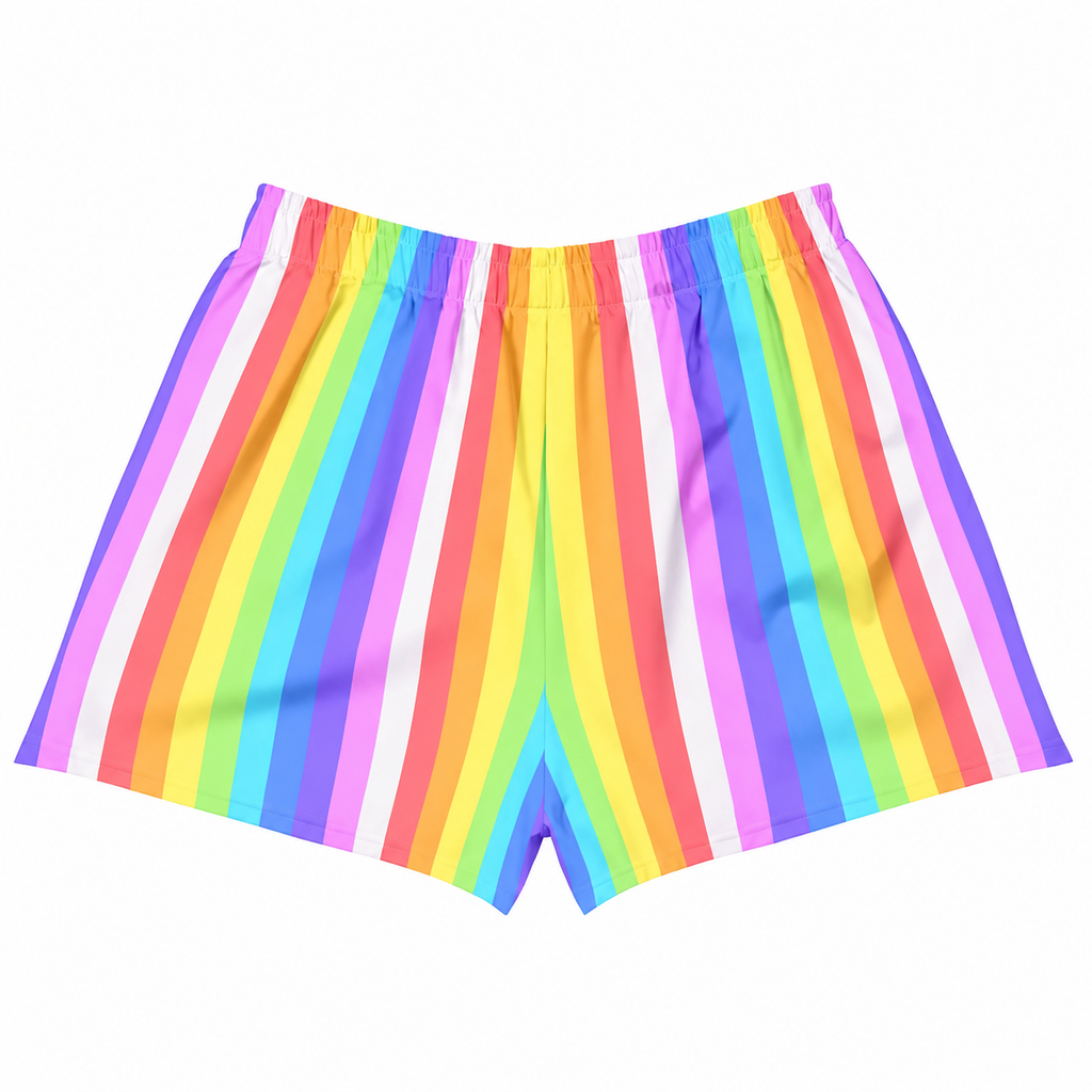 Gay Pride shorts with rainbow vertical stripes, elastic waistband, and split-leg hem on white