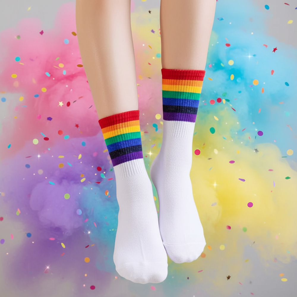 White cotton Gay Pride Socks with rainbow stripes on a pair of legs, set against a vibrant pink, blue