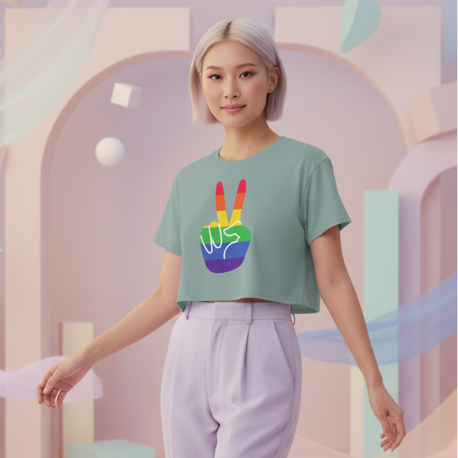 Model wearing a sage-green cropped T-shirt with a rainbow peace-sign graphic and lavender trousers