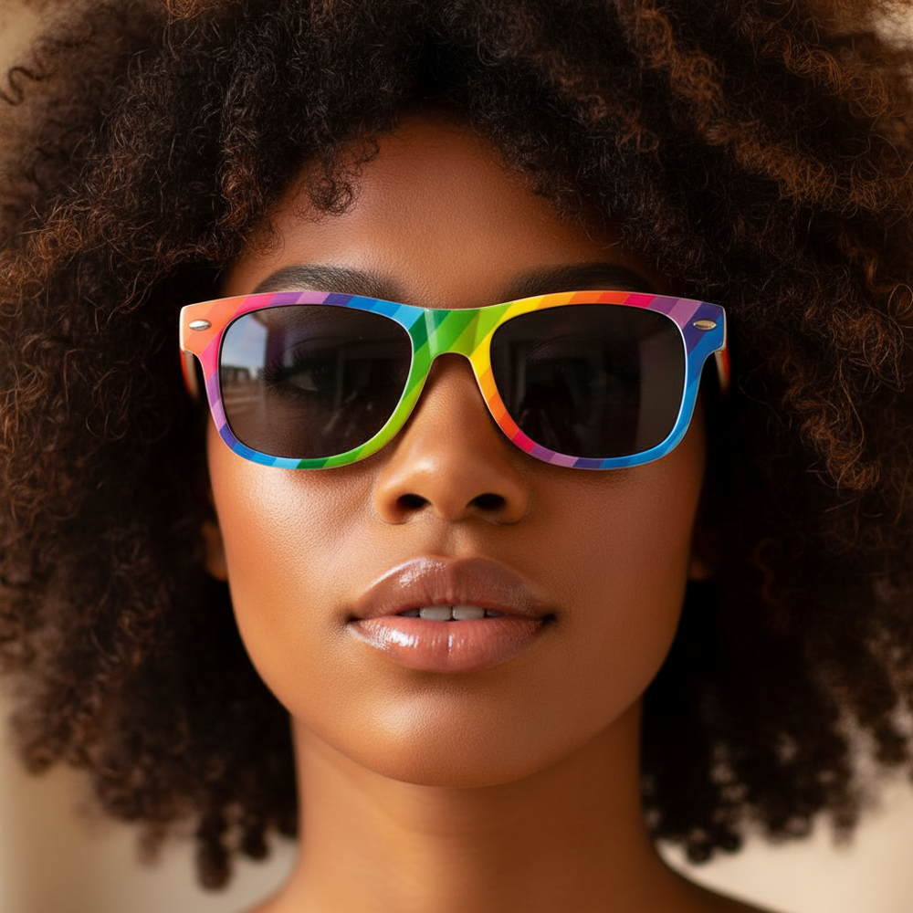 Person with curly hair wears retro-square Gay Pride Sunglasses in vibrant rainbow colors; calm, neutral face