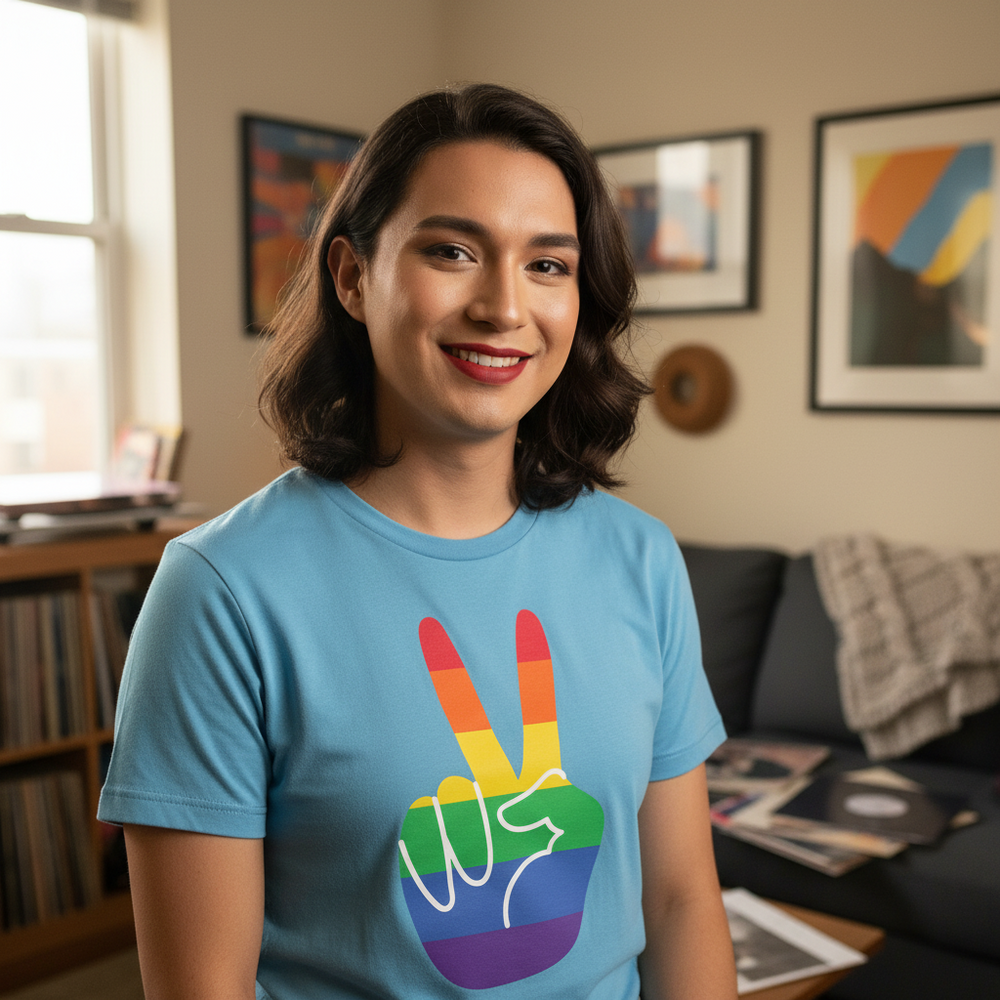 Gay Pride T-shirt featuring a rainbow peace sign, worn by a smiling person with shoulder-length dark hair