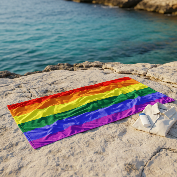 Gay Pride towel in bold rainbow stripes lies on rocky shore by clear blue sea, with a beige tote and white bottle