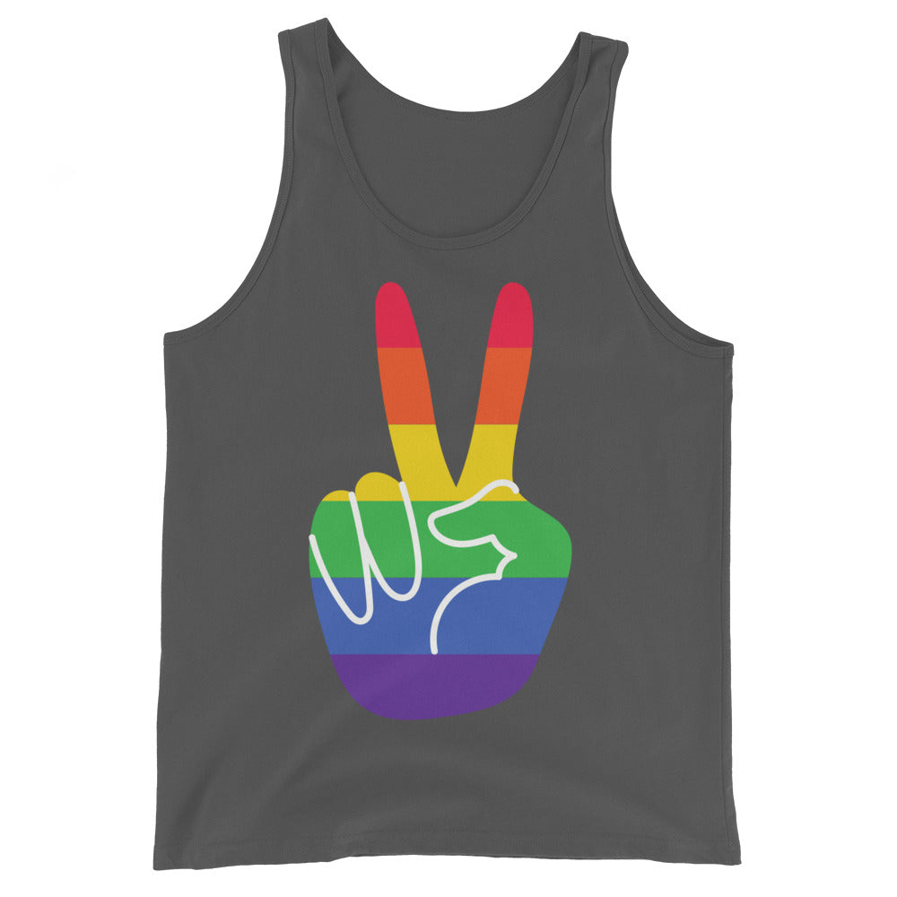Unisex dark gray tank top with white-outlined, rainbow-striped peace hand graphic