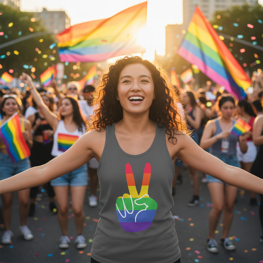 Gay Pride Unisex Tank Top with a vibrant rainbow peace sign worn by a smiling person at an outdoor queer celebration