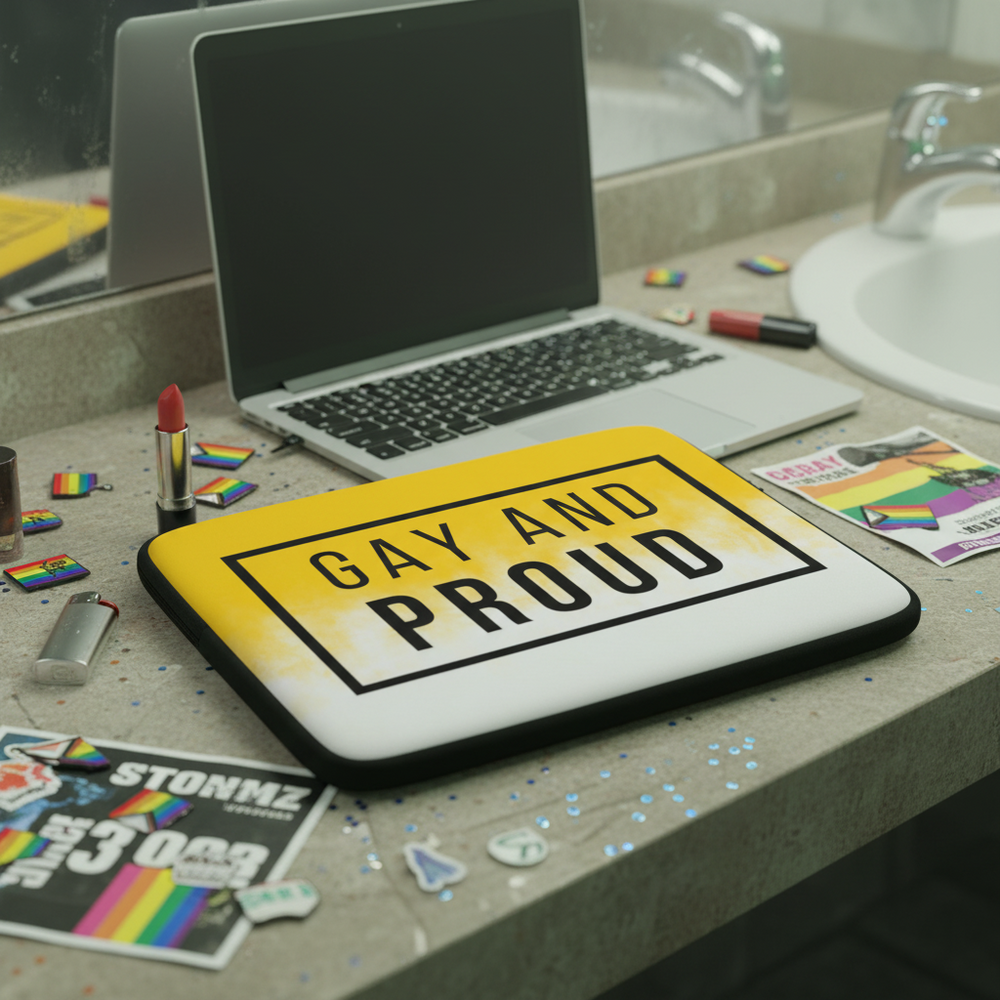 Gay and Proud laptop sleeve on a bathroom counter beside an open laptop