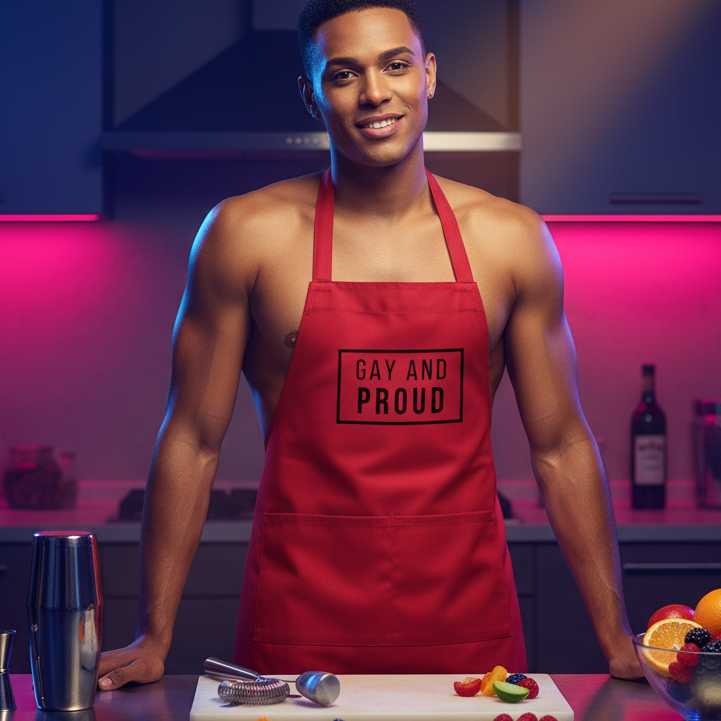 Smiling person wearing a red “GAY AND PROUD” apron behind a kitchen counter