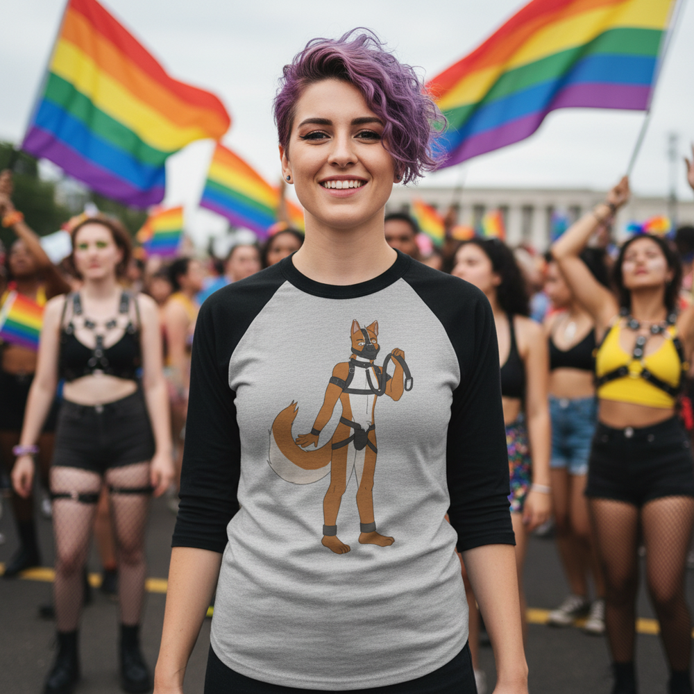 Gay Pup 3/4 sleeve raglan shirt with an illustrated fox in bondage gear; person with purple hair at Pride, rainbow flags