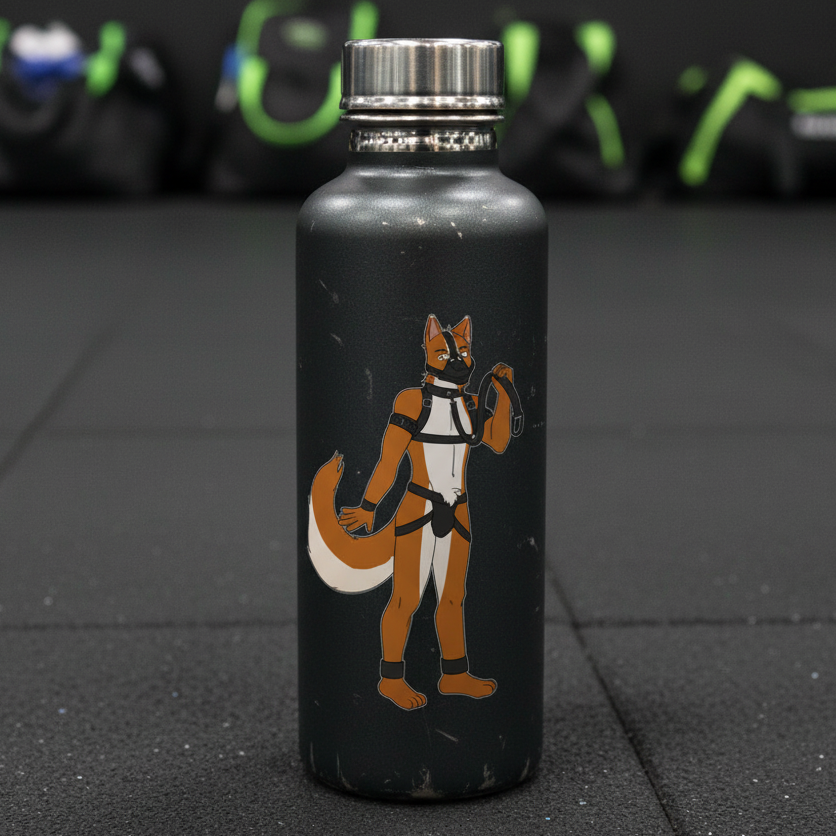 Black metal bottle with an orange-and-white fox character in a black harness and leash sticker