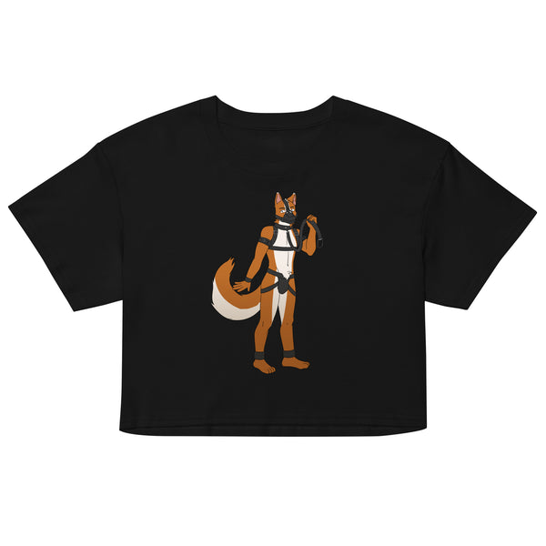 Gay Pup Crop Top featuring a bold stylized fox, worn by a fit guy in a neon-lit alley. Wet pavement reflects rainbow colors and graffiti.