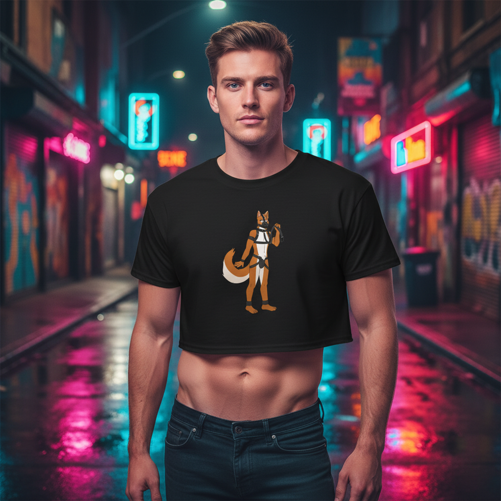 Gay Pup Crop Top featuring a bold stylized fox, worn by a fit guy in a neon-lit alley