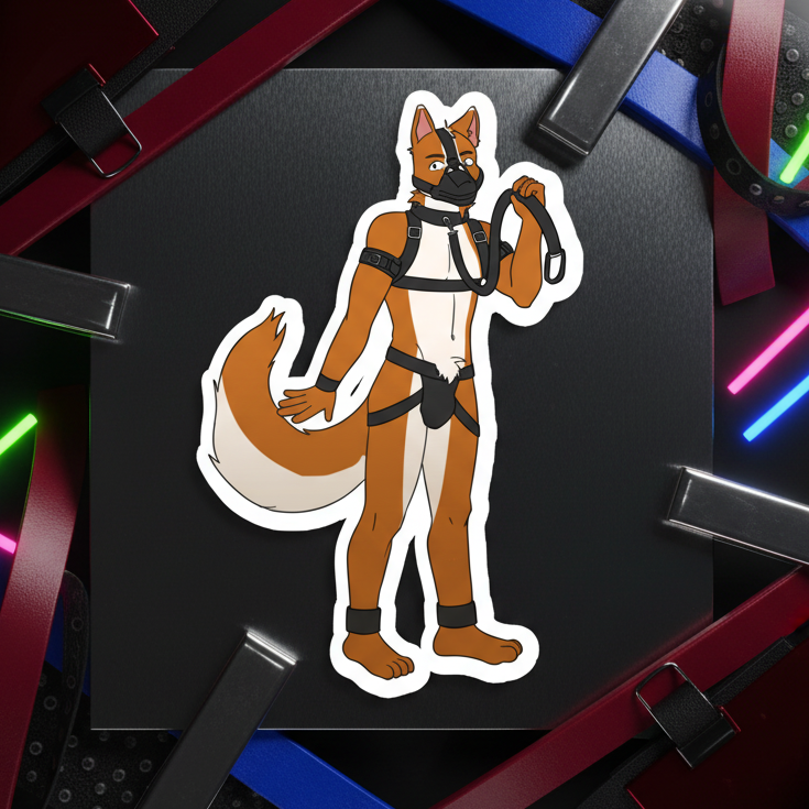The Gay Pup Magnet shows a digital art fox in black harness, collar, and muzzle