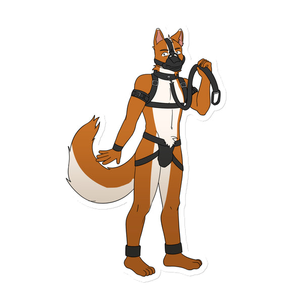 Illustrated orange fox pup in a black harness, collar, and exposed jockstrap, holding a leash