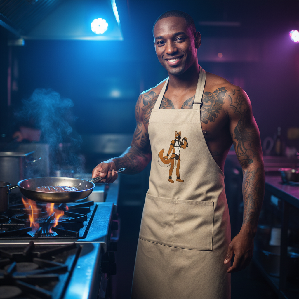 Smiling tattooed person wearing a beige apron with a fox graphic beside a flaming skillet
