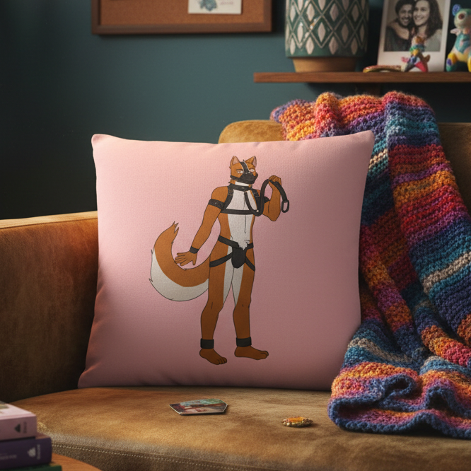 Gay Pup Pillow with pink fox in harness and leash on brown couch, surrounded by crochet blanket, photos, books