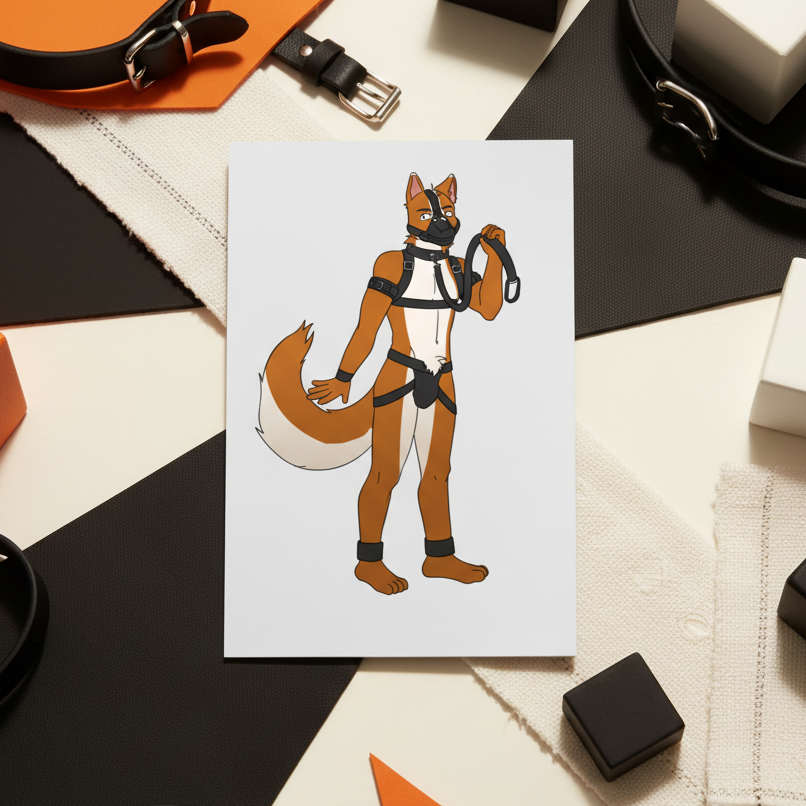 Gay Pup Postcard with a fluffy-tailed fox in black harness and collar, holding a leash; framed by black/orange belts