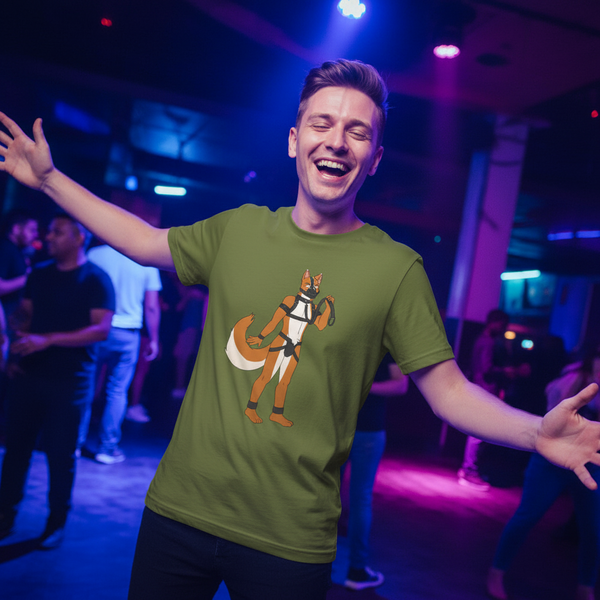 Gay Pup T-Shirt in soft cotton, neon club lights reflecting as someone queer beams, arms open