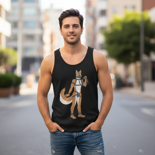 Gay Pup Unisex Tank Top with a cartoon armored fox and staff, worn by a smiling person in the city; blurred urban background