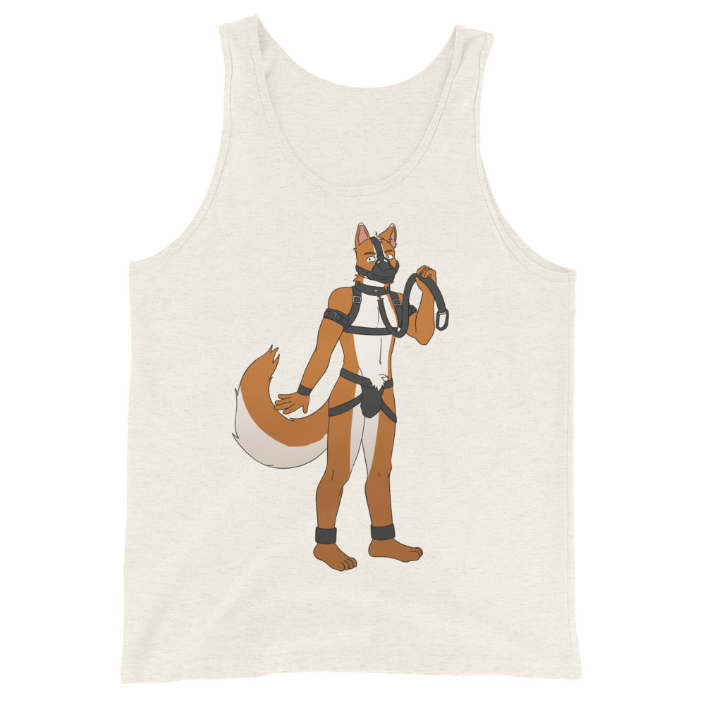 Front view of an off-white tank top with an illustrated anthropomorphic fox in pup gear