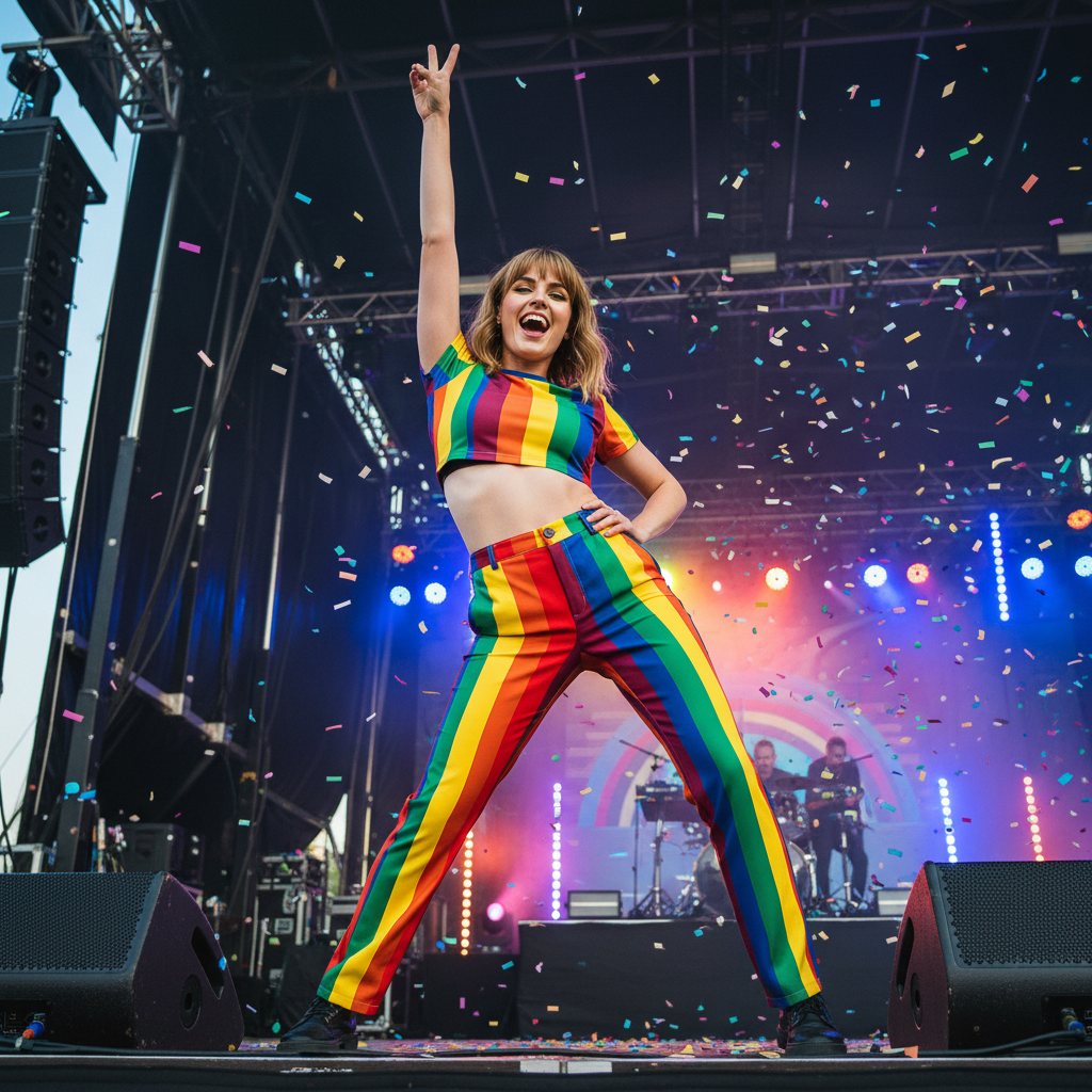 Performer onstage in rainbow-striped pants and crop top, raising one arm amid confetti