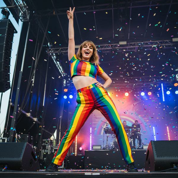 Performer onstage in rainbow-striped pants and crop top, raising one arm amid confetti