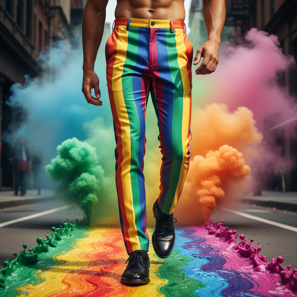 Cropped model strides in bright vertical rainbow-striped pants and black shoes