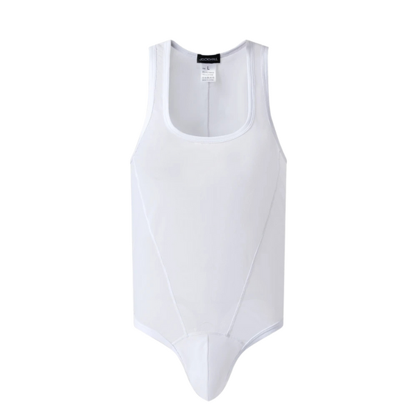 Front view of a plain white sheer tank-style bodysuit with a scoop neck