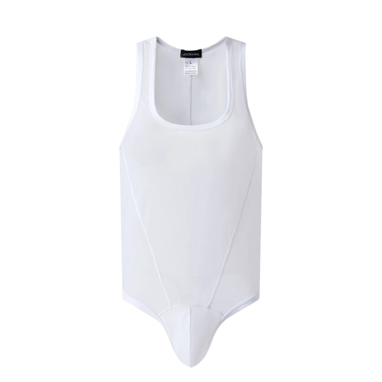 Front view of a plain white sheer tank-style bodysuit with a scoop neck