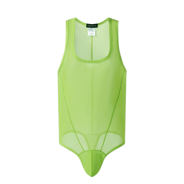 Front view of a neon green sheer mesh thong bodysuit on a white background