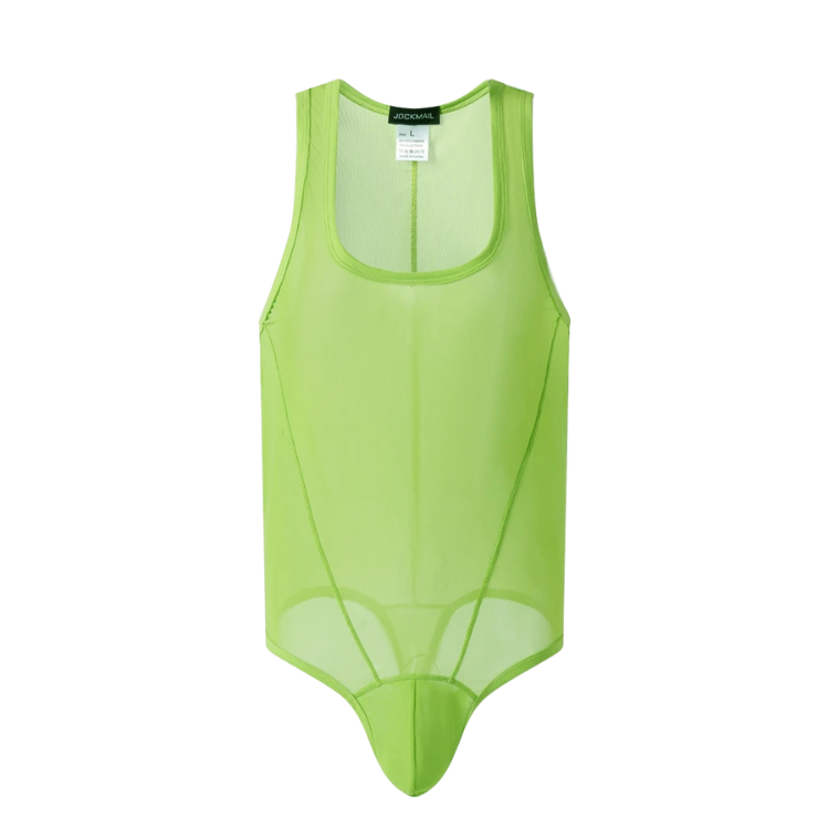 Front view of a neon green sheer mesh thong bodysuit on a white background