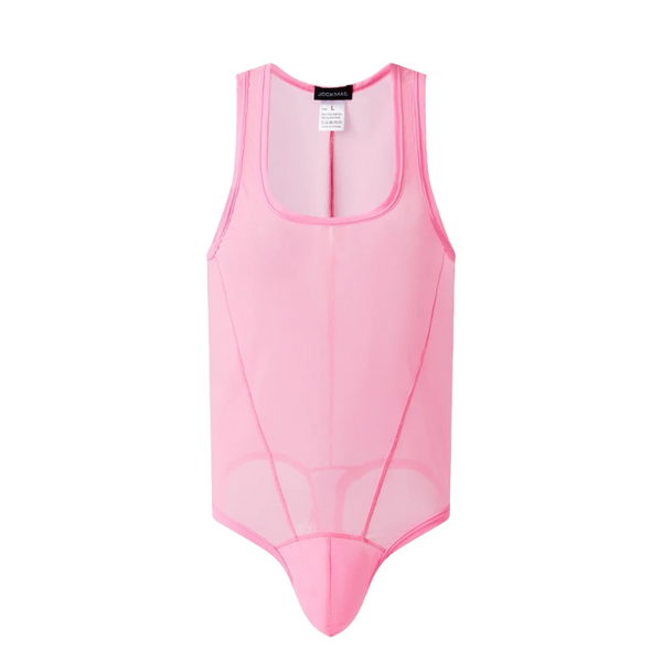 Front view of a pink sheer mesh gay bodysuit with a scoop neck and thong bottom