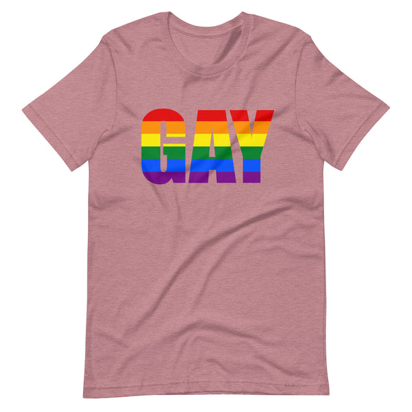 Flat-lay mauve T-shirt with large rainbow-striped “GAY” lettering across the chest