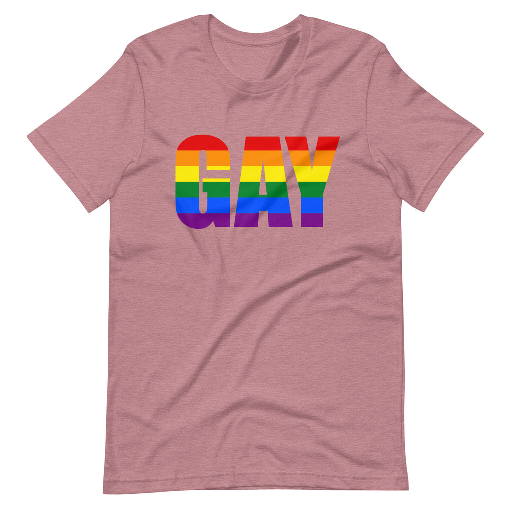 Flat-lay mauve T-shirt with large rainbow-striped “GAY” lettering across the chest