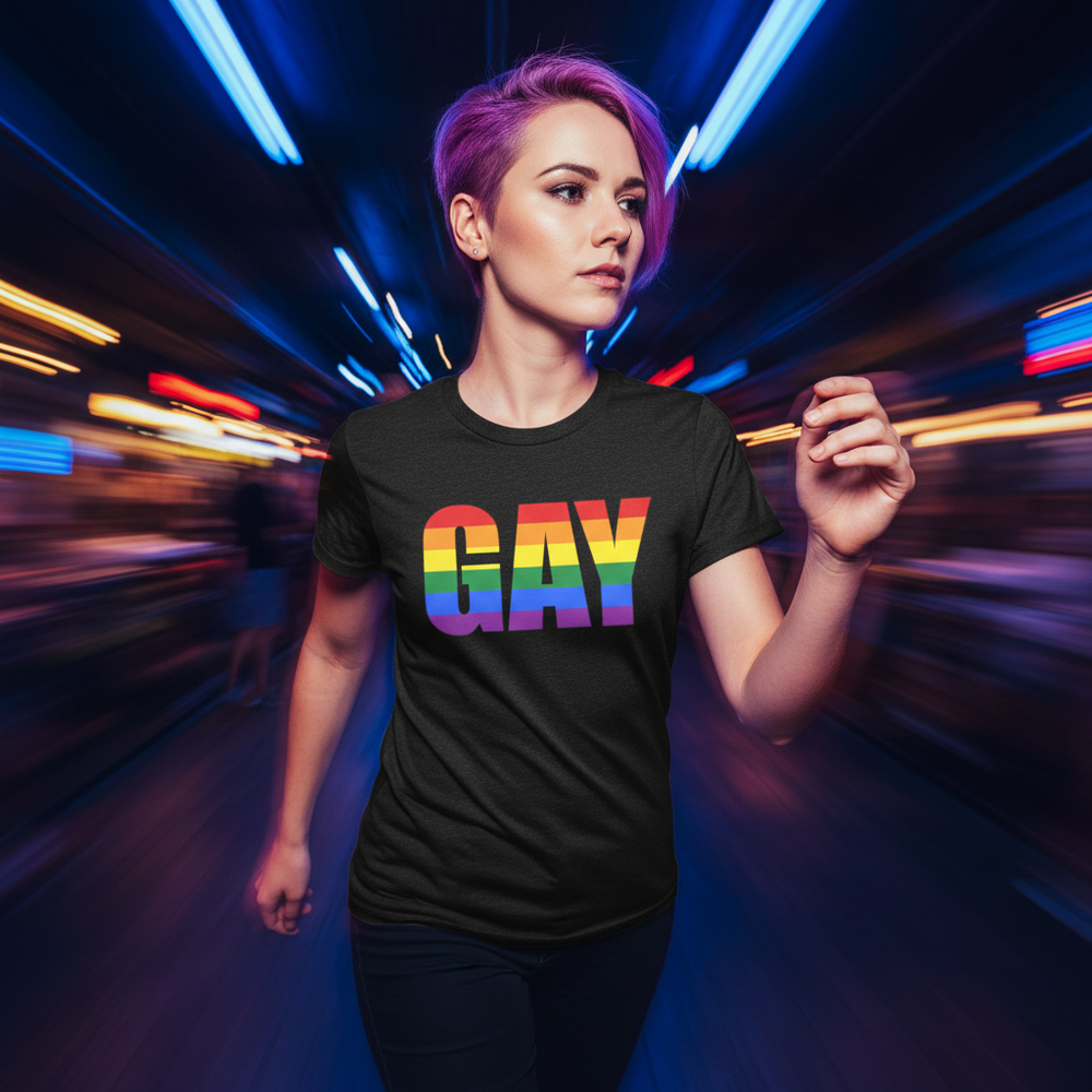 Person with short purple hair wearing a black T-shirt reading “GAY” in rainbow stripes