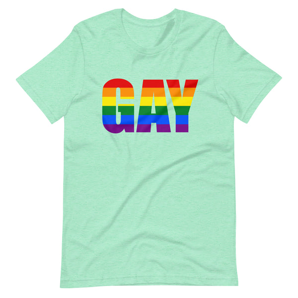 Mint green T-shirt with large rainbow-striped “GAY” lettering across the front