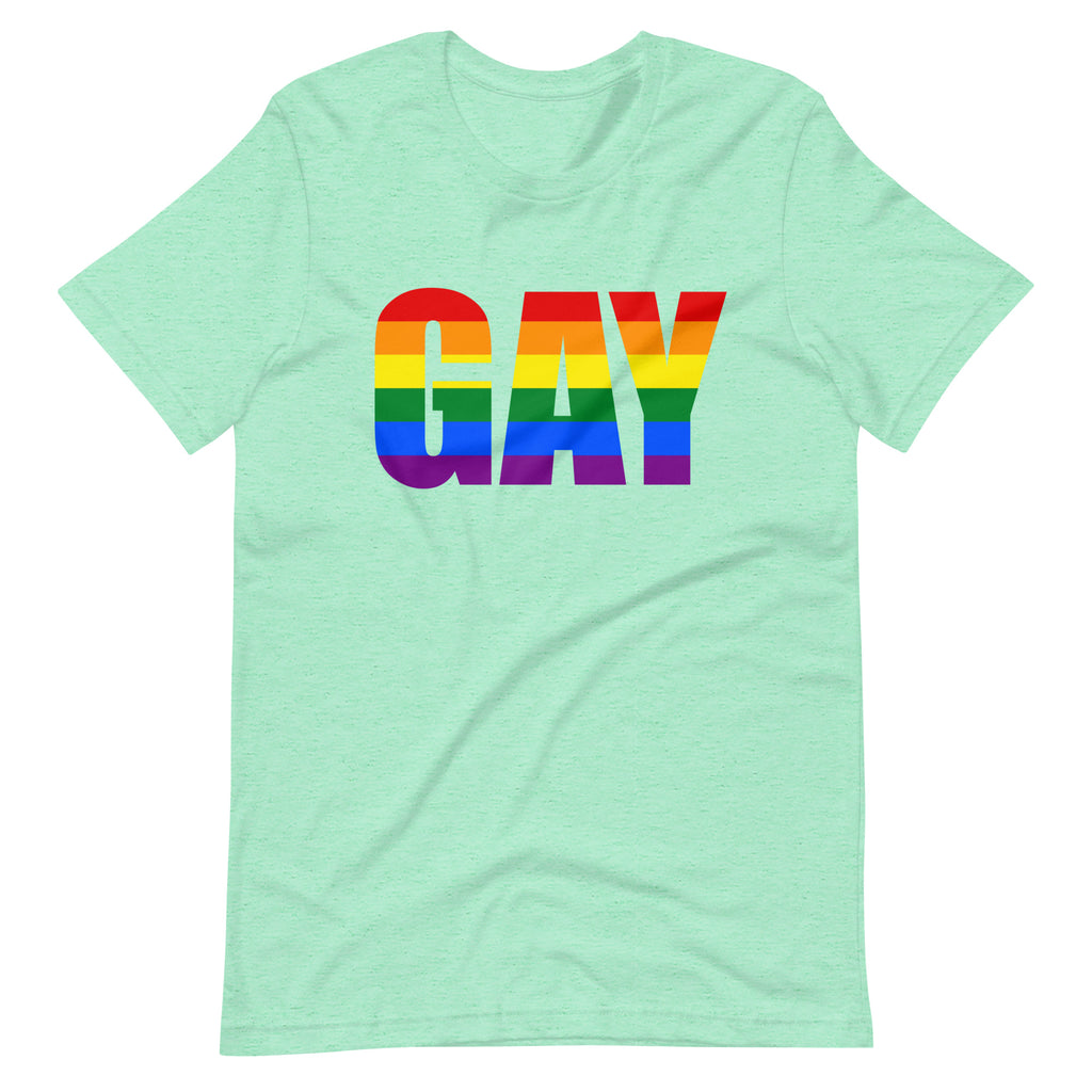 Mint green T-shirt with large rainbow-striped “GAY” lettering across the front