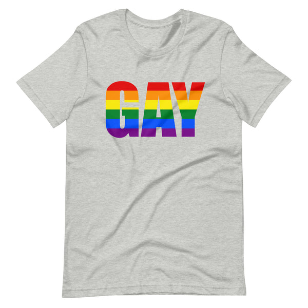 Front view of a heather gray T-shirt with large rainbow-striped “GAY” lettering