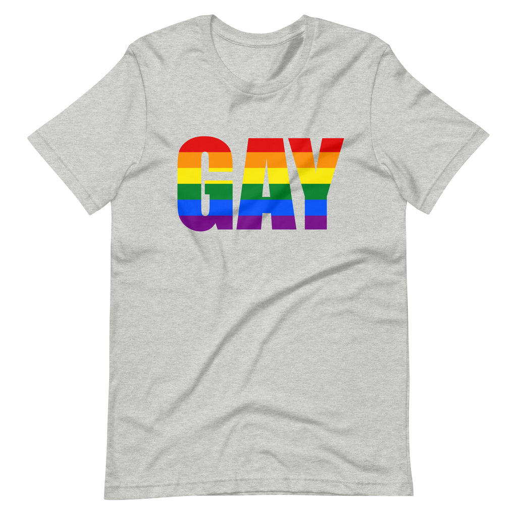 Front view of a heather gray T-shirt with large rainbow-striped “GAY” lettering