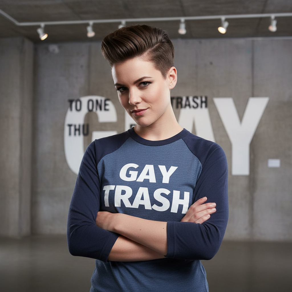 Gay Trash 3/4 Sleeve Raglan Shirt in navy blue, rocked by someone with a sharp undercut