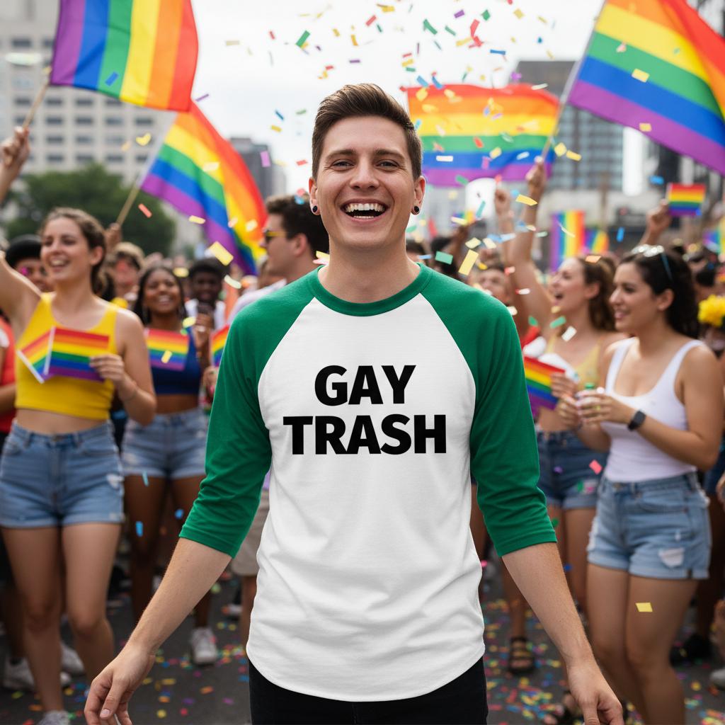 3/4 sleeve raglan shirt with "Gay Trash" in bold black text, worn at a pride parade with rainbow flags, confetti