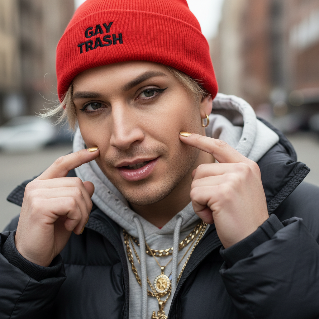 Red cuffed beanie with “Gay Trash” in black text, worn by a blond person, gray hoodie, black jacket, gold nails and chains.