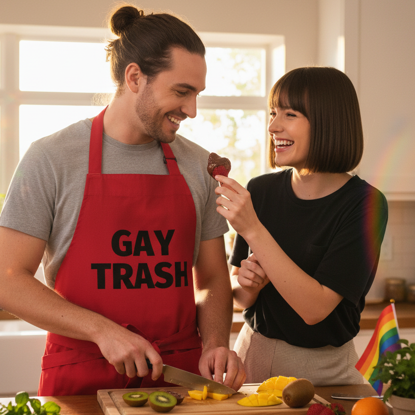 Two people prepare fruit in a kitchen; a person wears a red “GAY TRASH” apron.