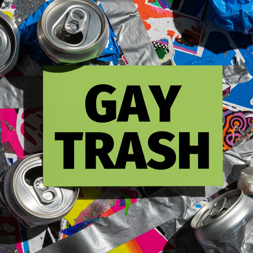 Postcard reading "The Gay Trash" in bold black text on green, with queer stickers, glitter, torn paper, cans, and duct tape.