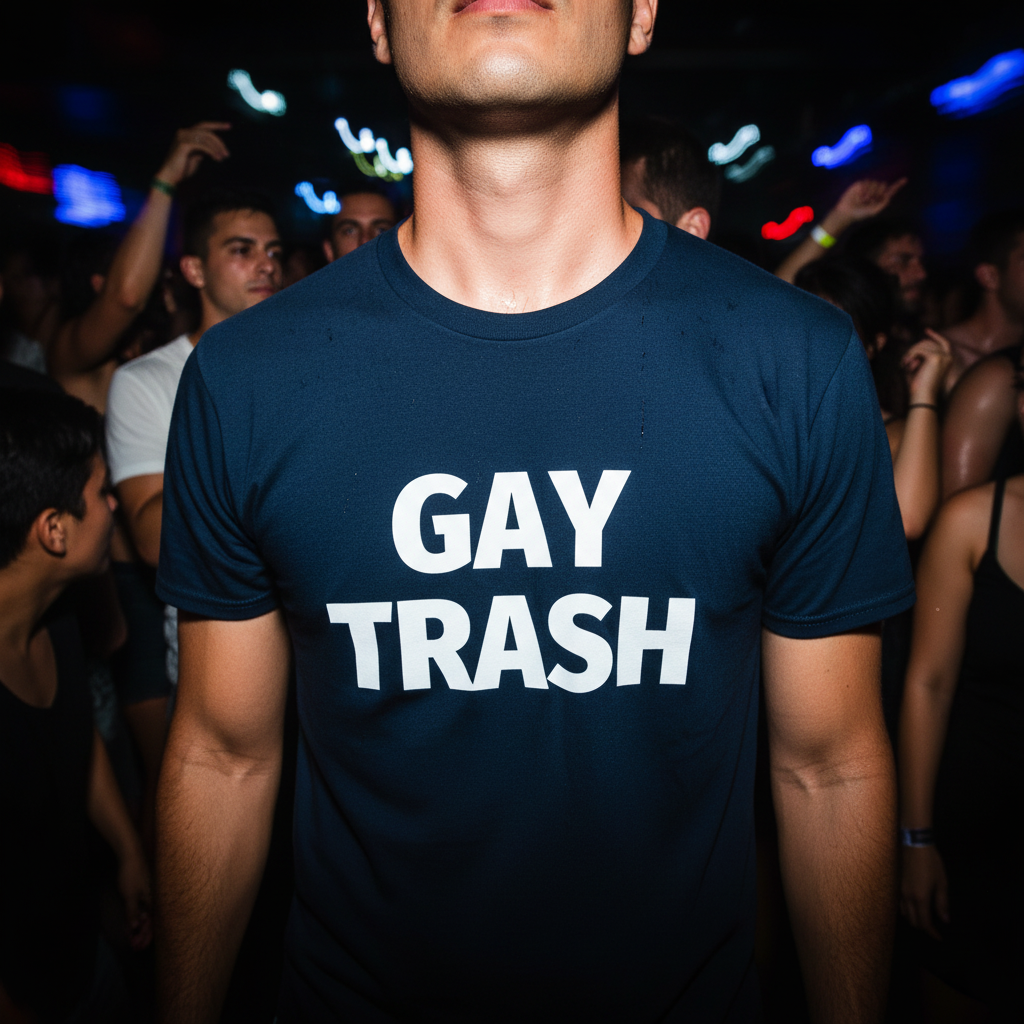 Gay Trash T-Shirt with bold black text, worn at a vibrant queer club